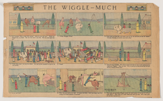 Farbenfrohe, verspieltere Illustrationen von Menschen, Tieren und Gegenständen auf einem Papier-Comic-Strip mit fetter Schrift, betitelt "wiggle-much."