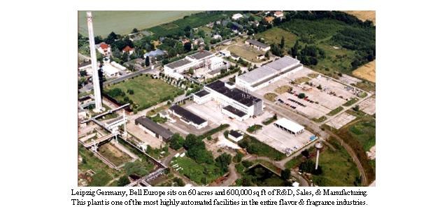 Luftbild eines großen Industriegebiets in Leipzig, Deutschland, beschriftet mit "Bell Europe", das Gebäude, Bäume, Straßen und andere Infrastruktur zeigt.