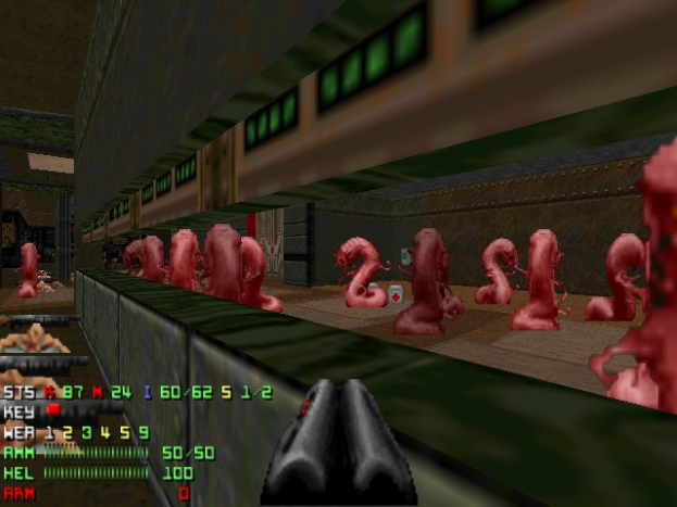 Screenshot von *Doom II* mit mehreren animierten Zombies in einem Raum, einer Waffe unten und Statustext/Zahlen auf der linken Seite.