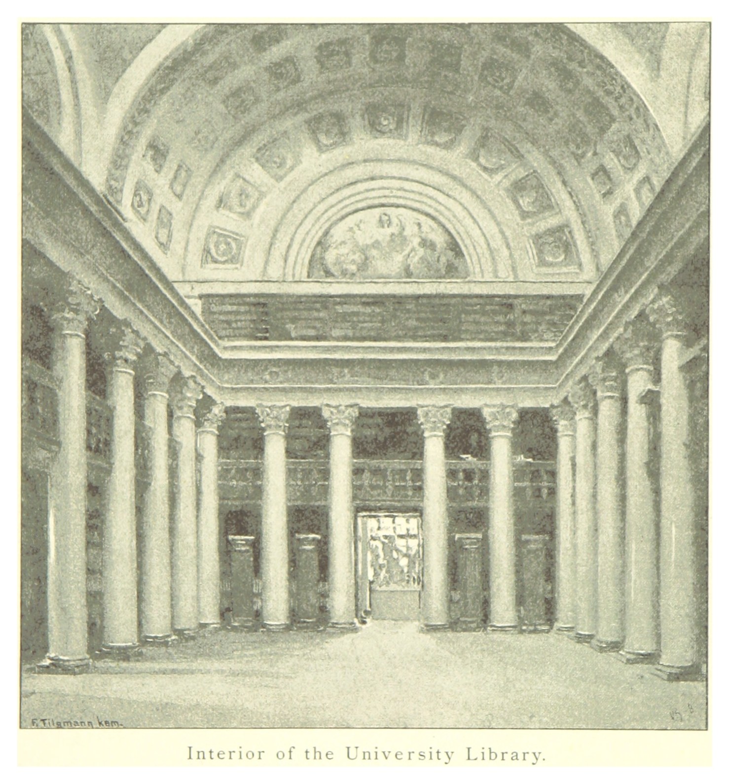 Innenansicht einer prächtigen Universitätsbibliothek mit hohen Säulen und verzierten Deckenentwürfen, mit Text am unteren Rand, der das Ästhetische ergänzt.