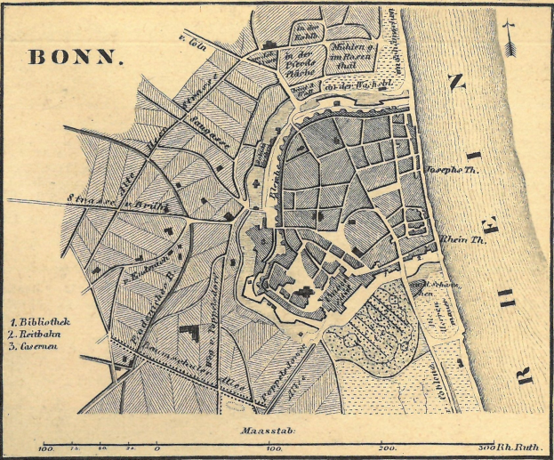 Detailierte alte Karte von Bonn, Deutschland, mit Straöen, Gebäuden und Landmarken mit Textbeschriftungen.