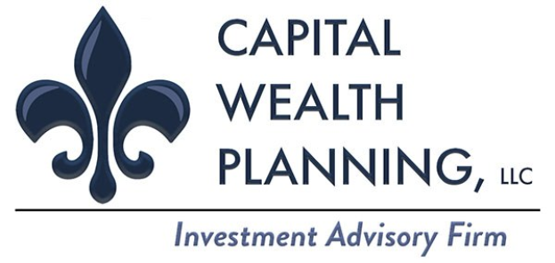 Logo der Capital Wealth Planning, LLC, eine Investmentberatungsfirma: ein blauer Kreis mit einer weißen Umrandung und einem weißen "C" in der Mitte, umgeben von einem weißen Ring mit "Capital Wealth Planning" in blau und "Investment Advisory Firm" in weiß darunter.