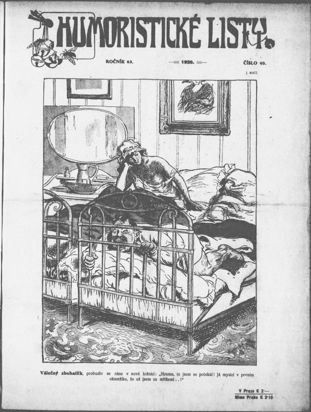 Schwarzes und weißes Bild eines Menschen, der auf einem Bett liegt, mit einem Spiegel auf dem Nachttisch und einem Rahmen an der Wand, begleitet von Text, der "humoristicke list - tschechien - april 20, 1920" oben und unten liest.