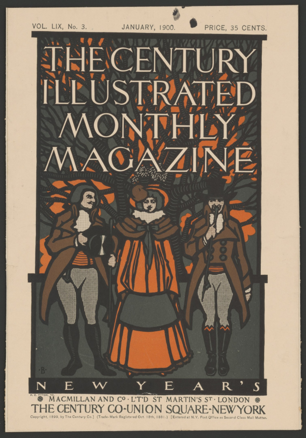Schwarzer Plakatentwurf für 'The Century Illustrated Monthly Magazine, Januar 1900' mit Personen in historischer Kleidung und dekorativem Rahmen.