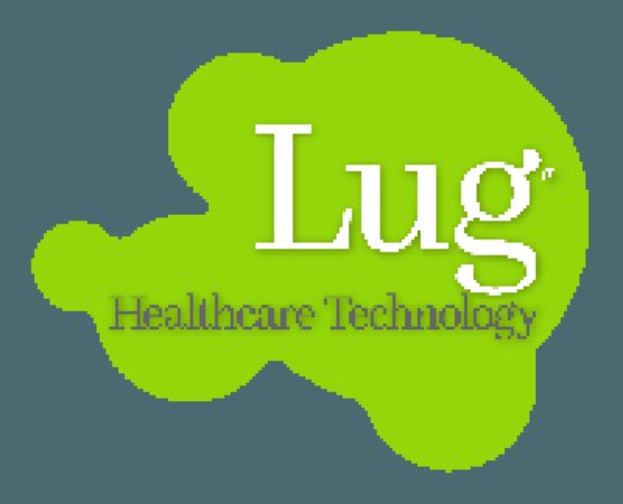 Logo von Lug Healthcare Technology, das mutige schwarze Schrift in einem blauen Kreis mit weißer Umrandung auf weißem Hintergrund zeigt.
