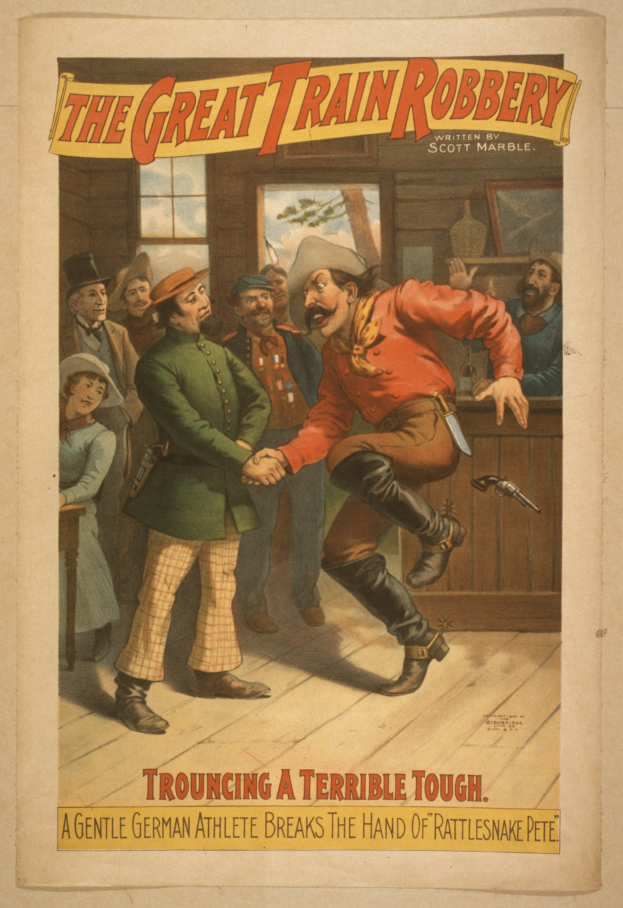 Ein Plakat, das eine Gruppe von Menschen zeigt, die drinnen stehen, einer hält eine Waffe, mit Text oben und unten: "Die große Zugraub - Trouching ein Schreckliches Tough".