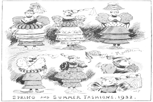 Modeillustration aus dem Jahr 1932, die Frauen in Frühjahrs- und Sommerkleidern zeigt, begleitet von beschreibendem Text.