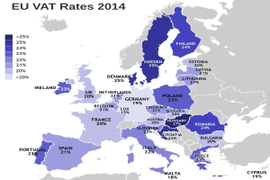 Eine Karte von Europa, die die EU-Mehrwertsteuersätze von 2014 mit Prozentangaben und Text anzeigt.