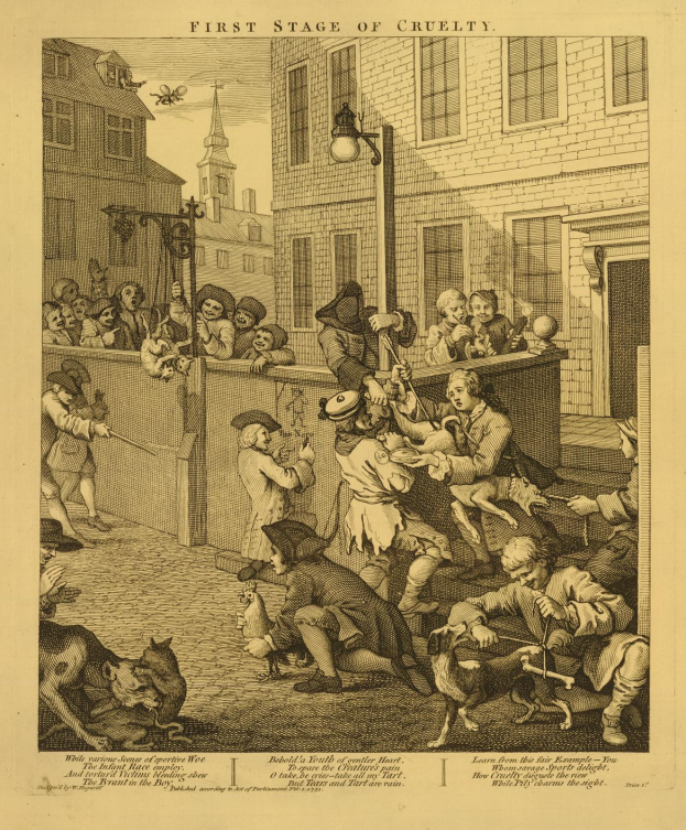 Ein handgezeichnetes Papier mit einer Gruppe von Menschen und Tieren vor einem Gebäude mit Fenstern und einer Laterne, betitelt "Erste Stufe der Grausamkeit" unten.