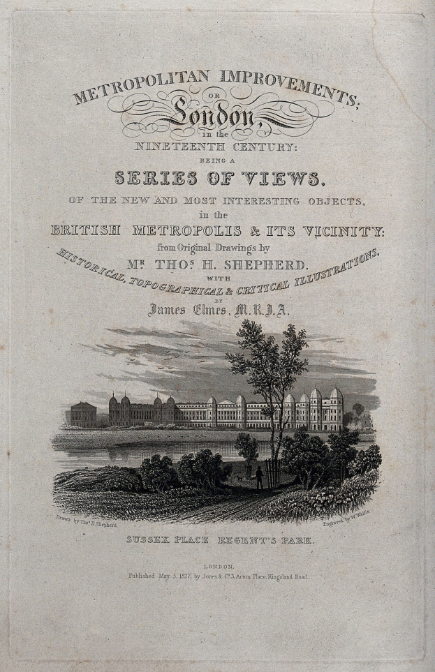 Altes Buchcover mit einer detaillierten Illustration einer Stadtlandschaft, einschließlich grüner Bäume, hoher Gebäude und Text in einer klassischen Schriftart.