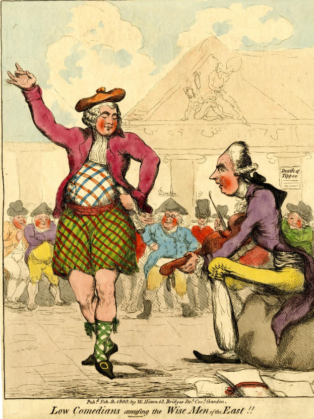 Zeichnung eines Mannes in einem Kilt und einer Frau in einem Kleid, die vor einem Publikum auf einer Bühne stehen, mit einem Gebäude im Hintergrund und Wolken am Himmel, mit der Unterschrift 'Niedrige Komiker, die die weisen Männer des Ostens unterhalten' unten.