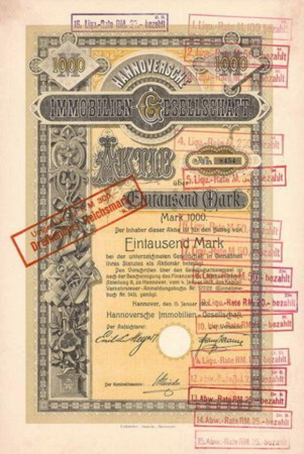 Ein altes deutsches Banknoten mit einem roten Stempel, das Text, Zahlen und zusätzliche Stempel enthält und als Wertpapier der deutschen Regierung ausgestellt ist.