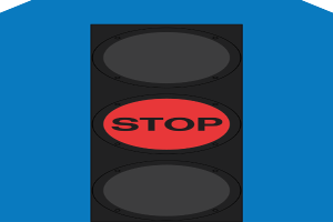 Ein Verkehrslichtsignal mit rotem Halteschild auf blauem Hintergrund.