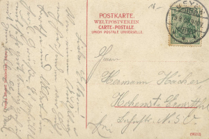 Eine alte Postkarte mit einer Briefmarke, die den Text 'Postkarte Weltpostverein' und 'Union Postale Universelle' trägt und von Deutschland nach Deutschland gesendet wurde.