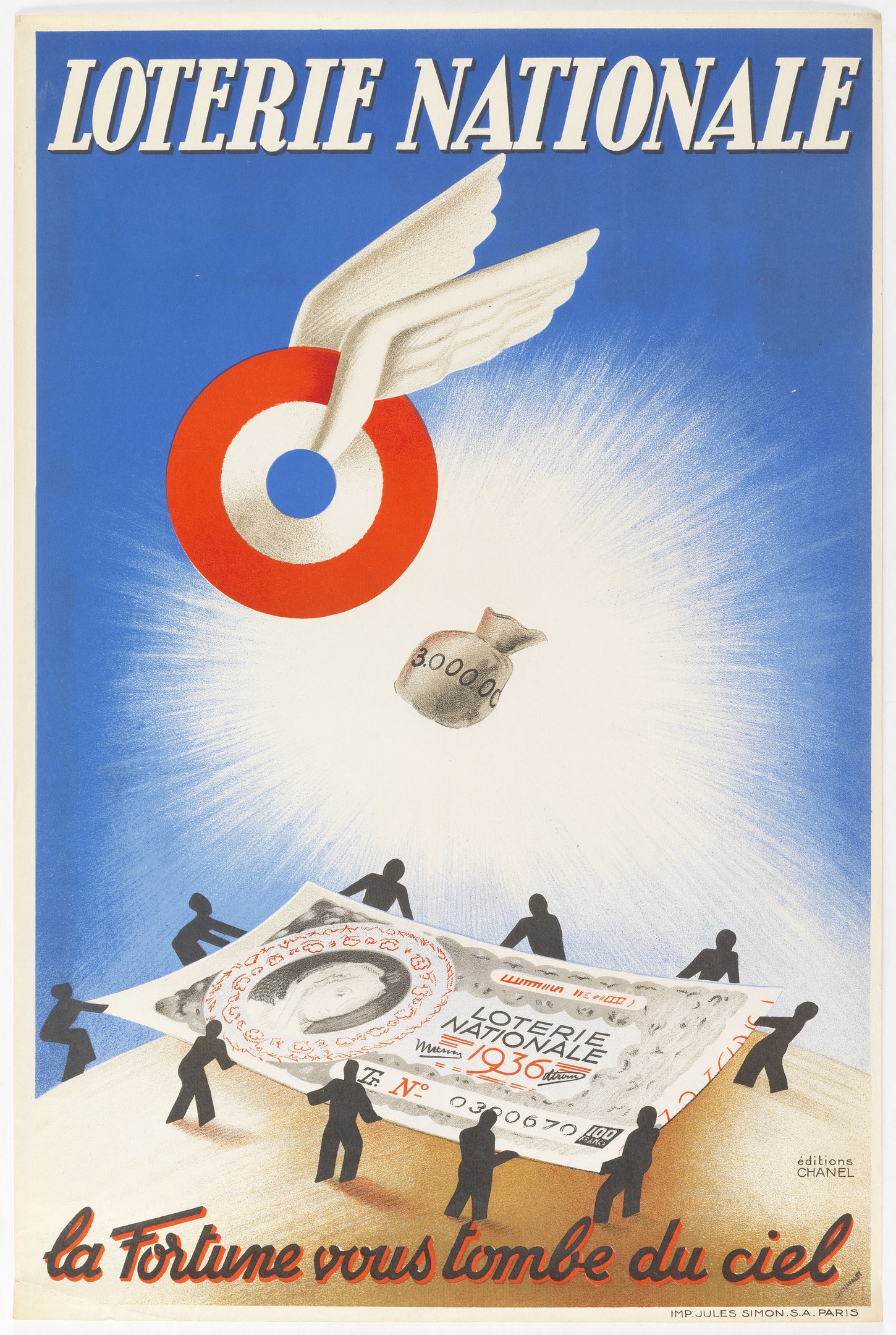 Ein Plakat für eine nationale Lotterie mit einem Vogel, der über einen Geldhaufen fliegt, und Text, der die Lotterie und ihre Vorteile beschreibt.