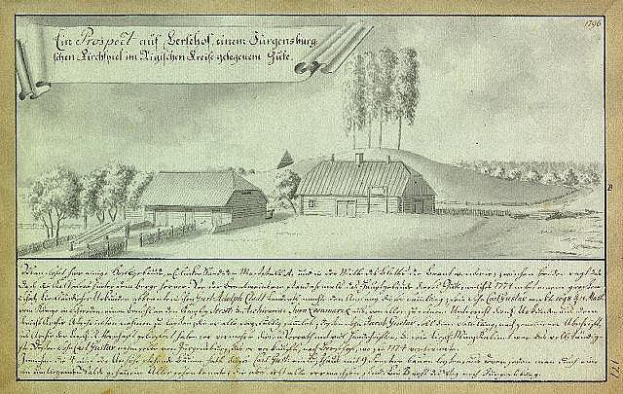 Ein verblichenes Dokument mit der Überschrift "Surgensburg, Deutschland - Landschaft eines Hofs", das einen Hof in einem Feld zeigt, umgeben von Häusern, Bäumen und einem Himmel.