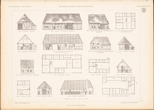 Ein aufgeschlagenes altes Buch mit Architekturhausplänen und detaillierten Zeichnungen sowie begleitendem Text.