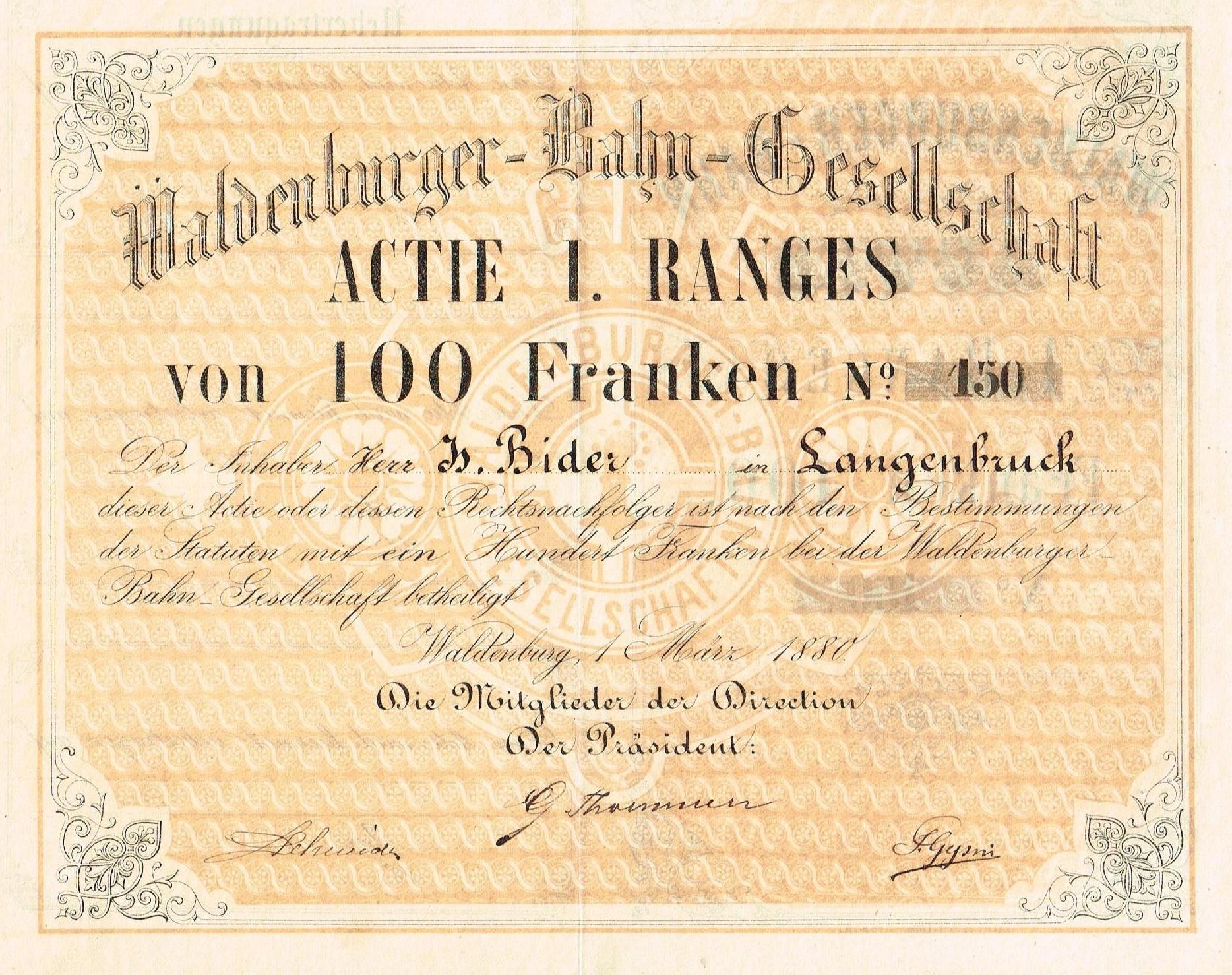 Alte deutsche Banknote mit einem Männerporträt, mit der Aufschrift "Haldenburger-Balm Gesellschaft Actie 1 Ranges" auf vergilbtem Papier.
