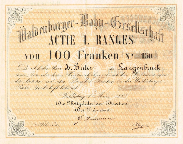 Alte deutsche Banknote mit einem Männerporträt, mit der Aufschrift "Haldenburger-Balm Gesellschaft Actie 1 Ranges" auf vergilbtem Papier.