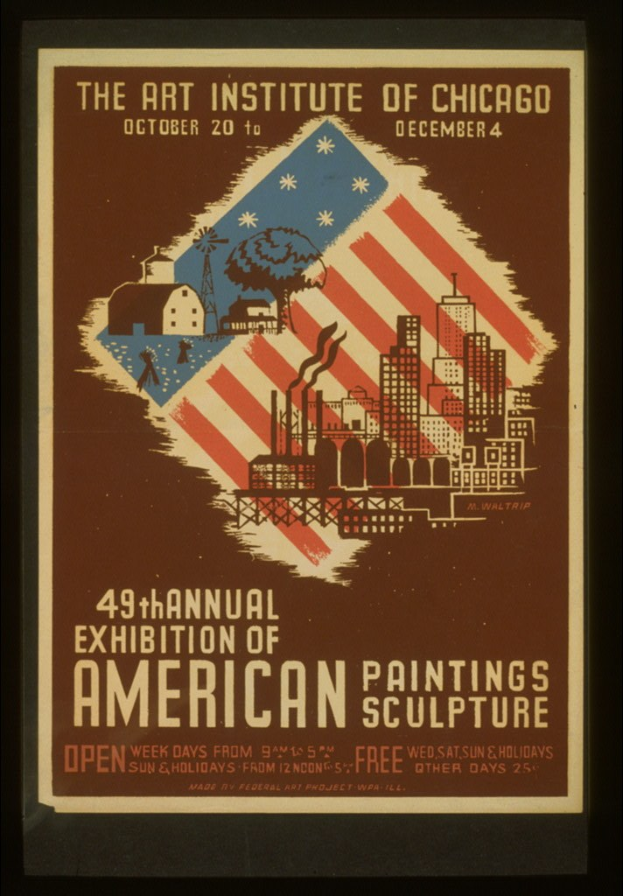 Plakat für die 49. Jahresausstellung amerikanischer Malerei und Skulptur des Art Institute of Chicago, das Text und Bilder zum Ereignis anzeigt.