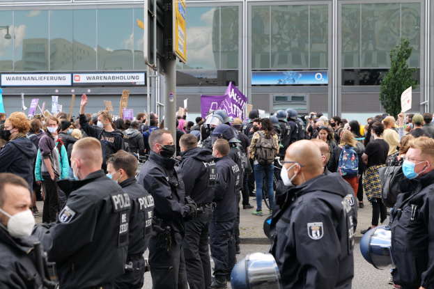 Große Menschenmenge protestiert vor einem Gebäude, einige halten Schilder und tragen Helme, mit einem Pfahl und einem Schild im Vordergrund und einem Baum im Hintergrund.