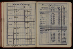 Offenes Buch mit schwarzem Hintergrund, das Text und numerische Daten anzeigt, als 1930er deutscher Postaufzeichnung identifiziert.