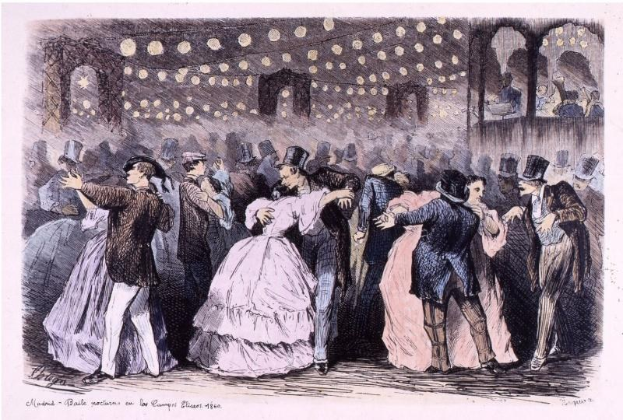 Eine Gruppe von Menschen, die in einem Ballsaal tanzen, mit Wänden, beleuchtet von Lichtern, mit Text unten: "Madame Baille Nacional en la Campagne Bleuet, 1860".
