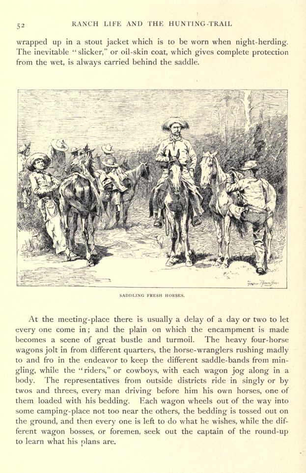 Eine Buchseite mit einer Illustration von Cowboys auf galoppierenden Pferden in einer grünen Wiese, mit dem Text "Ranch Life and the Hunting Trail".
