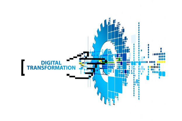 Digitalisierung-Logo mit "Digitalisierung"-Text in der Mitte auf einem weißen Hintergrund, mit einem lebendigen Design aus blauen, schwarzen und gelben Punkten.