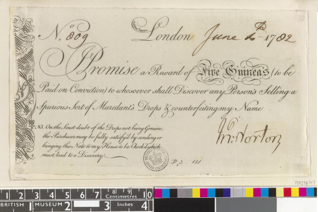 Schwarz-weißes Dokument mit handgeschriebenem Text, Amtssiegel und Farbskalen am unteren Rand, die eine Belohnung von fünf Emiraten für die Meldung von Fälschungen anzeigen.