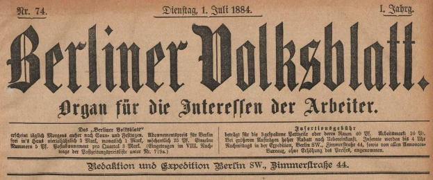 Altes deutsches Zeitungsblatt "Berliner Volksblatt" von 1884, gelblich und in schwarzer Tinte gedruckt.