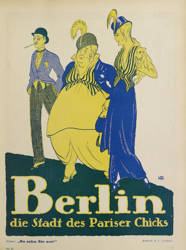Ein Plakat für ein Konzert in Berlin, Deutschland, mit einer Gruppe farbenfroher Menschen vor einem Gebäude, mit der Aufschrift "Berlin - Die Stadt des Pariser Chicks" oben.