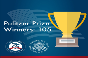 Ein Plakat mit dem Titel "Pulitzer-Preis-Gewinner 105", das ein zentrales Pokalsymbol umgeben von Text und Logos zeigt.