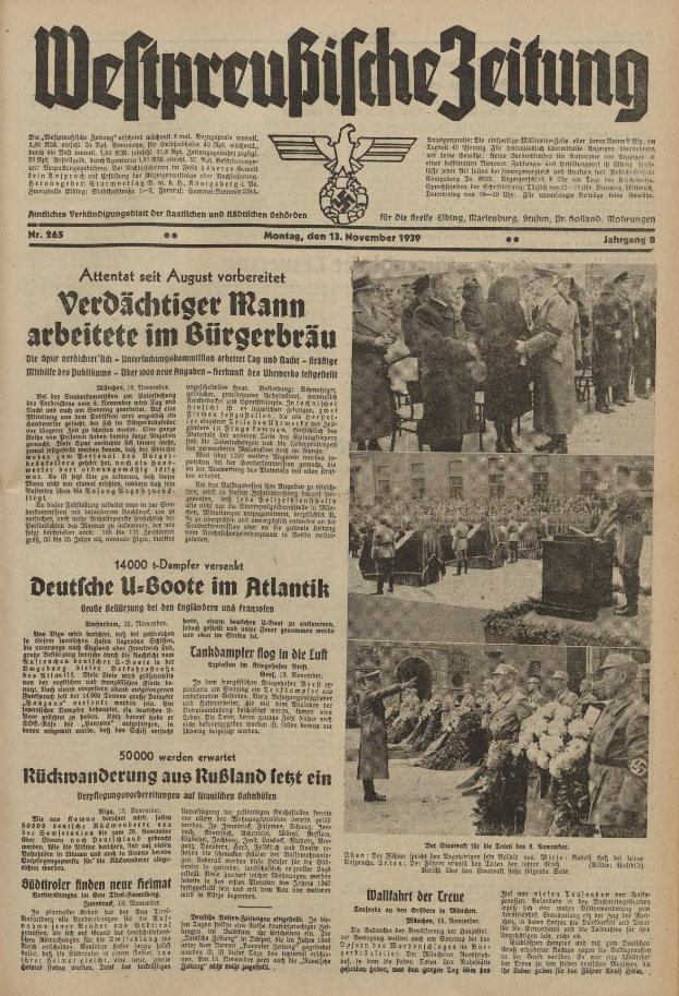 Schwarze und weiße Titelseite einer deutschen Zeitung vom 13. November 1939, betitelt "Weitpreubliche Zeitung", mit einer Gruppe von Menschen in traditioneller deutscher Kleidung in einer feierlichen Umgebung.