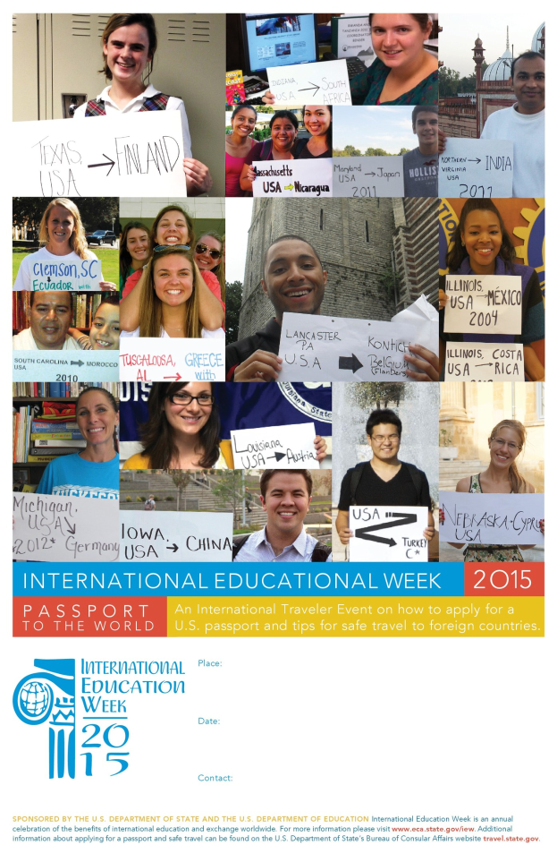 Eine Gruppe strahlender Menschen mit Schildern, die die Internationale Bildungswoche 2015 promoten, mit Text, der Informationen zum Event liefert.