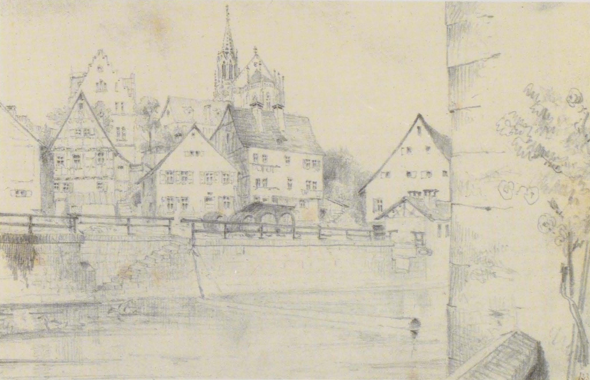 Kohlezeichnung mit dem Titel "Nürnberg, Deutschland" von Joseph Mallord William Turner, die eine Stadtansicht mit einem Fluss, Gebäuden, Bäumen und einer Brücke zeigt.