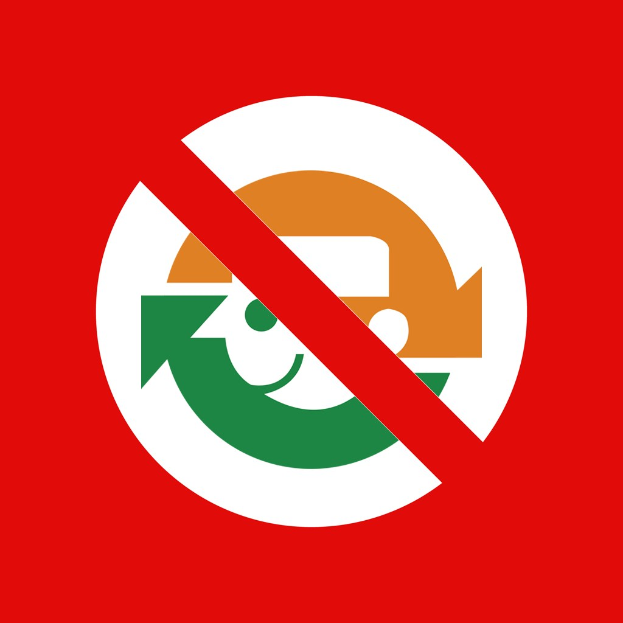 Ein rotes und weißes Schild mit einem Pfeil nach rechts auf einem weißen Hintergrund zeigt "Keine Wiederverwertung" in fetter schwarzer Schrift.