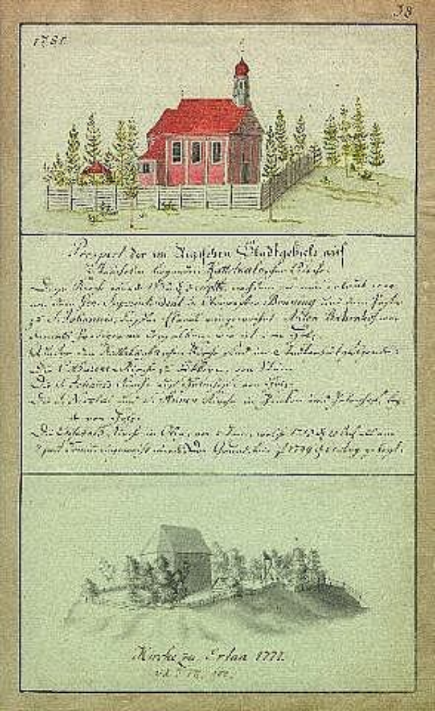 Altes Buch mit dem Titel "Deutsche Schule in den Niederlanden, 1777" mit einer Illustration eines roten Hauses umgeben von Bäumen und einem Zaun.