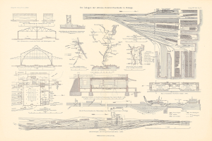 Altes Buchcover mit einer detaillierten Illustration eines Bahnhofs mit Gleisen, Bahnsteigen und Gebäuden, begleitet von Texten über die Geschichte des Bahnhofs.