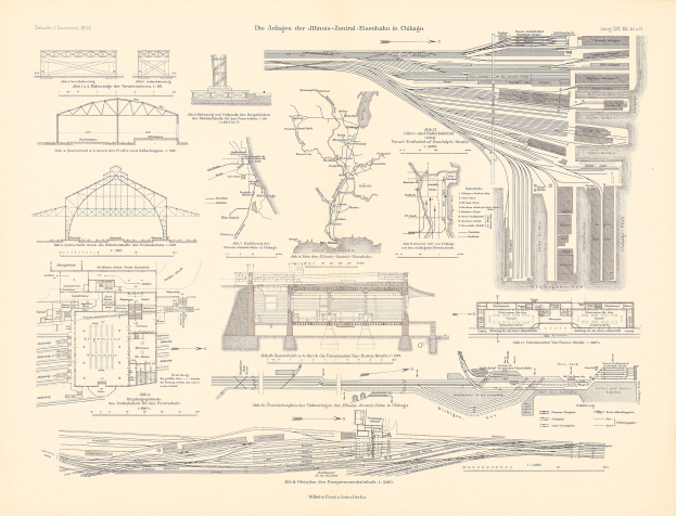 Altes Buchcover mit einer detaillierten Illustration eines Bahnhofs mit Gleisen, Bahnsteigen und Gebäuden, begleitet von Texten über die Geschichte des Bahnhofs.