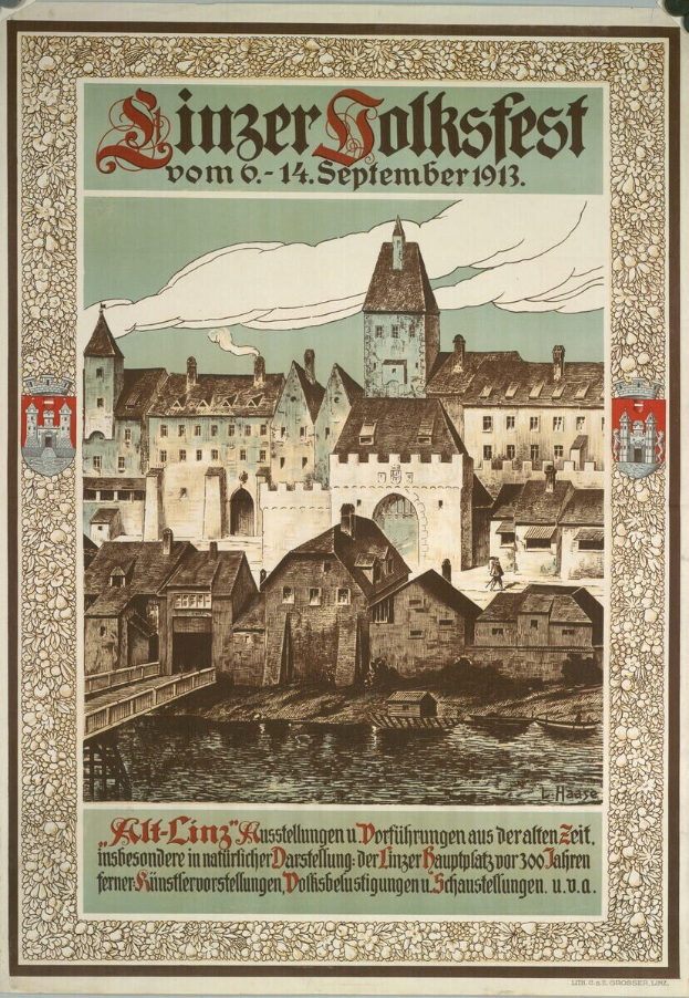 Alter deutscher Festivalplakat mit Burg und Häusern, Text über das Ereignis.