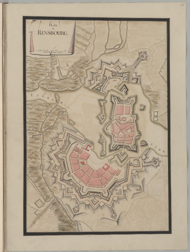 Ein altes Buch mit einer detaillierten Karte von Rensburg, Deutschland, mit Straßen, Gebäuden und Sehenswürdigkeiten, begleitet von Text, der die Bevölkerung, Geschichte und Kultur der Stadt beschreibt.