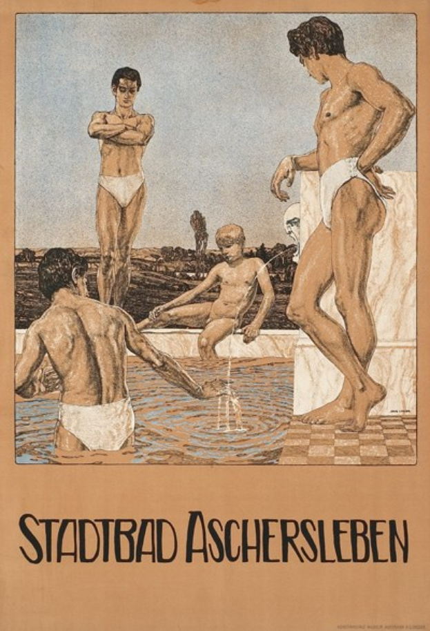 Ein Plakat für ein Schwimmbad in Aschersleben, Deutschland, das Menschen im Wasser zeigt, von denen einer sitzt, und Text, der Informationen zum Schwimmbad liefert.