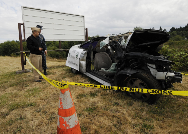 Polizist in Uniform neben einem schwer beschädigten Auto am Straßenrand mit eingedellter Motorhaube, zersplitterten Fenstern, einem Verkehrskegel, einem bandagierten Pfosten, Bäumen und einem bewölkten Himmel im Hintergrund.