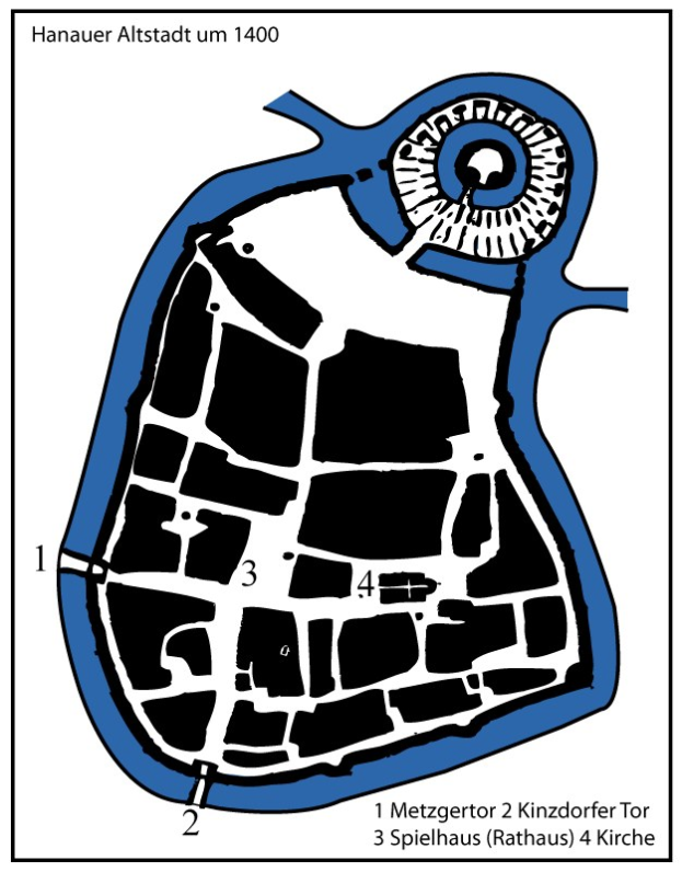 Eine detaillierte Stadtplan-Karte von Hanau, Deutschland, in Blau und Weiß, die Straßen, Text und nummerierte Orte zeigt.