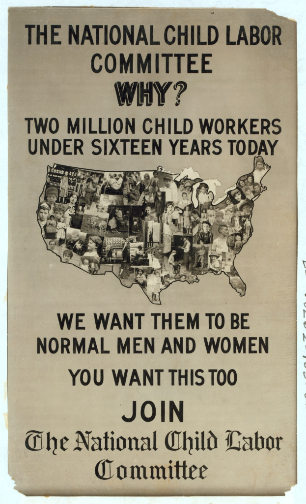 Plakat mit der Aufschrift "Nationaler Ausschuss für Kinderarbeit: Warum? Zweieinhalb Millionen Kinderarbeiter unter sechzehn Jahren heute" mit einer Karte der USA und mehreren menschlichen Gesichtern, die Ausschussmitglieder darstellen.