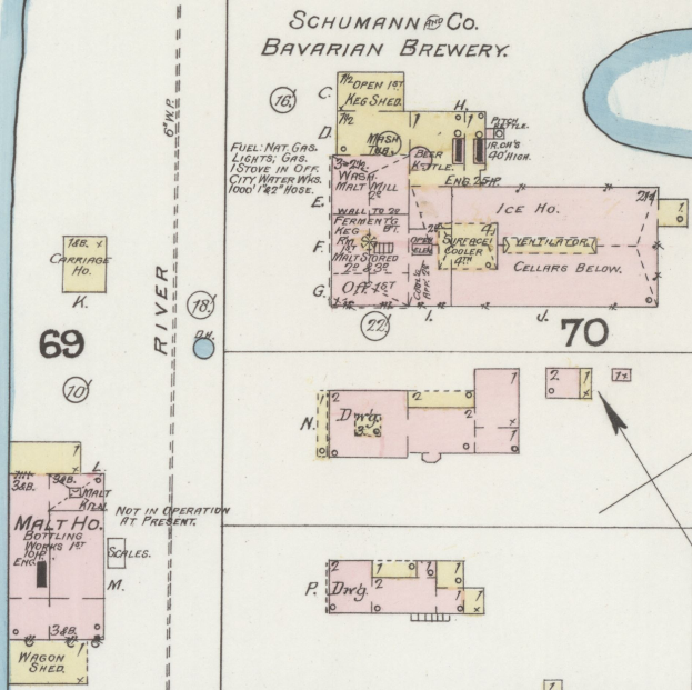 Karte der Schumann & Co. Bayerischen Brauerei mit beschrifteten Standorten und numerischen Indikatoren.