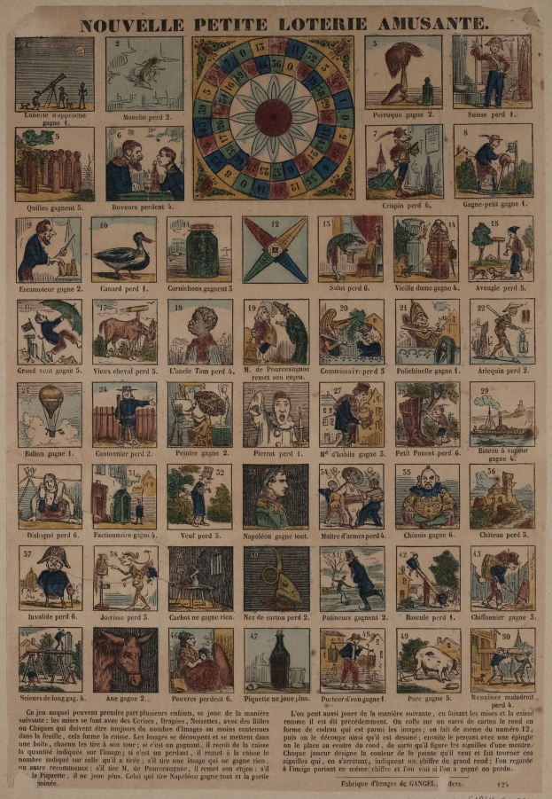 Ein abgenutztes Buch mit verschiedenen Illustrationen, darunter ein detailliertes Wheel of Fortune, umgeben von Text.