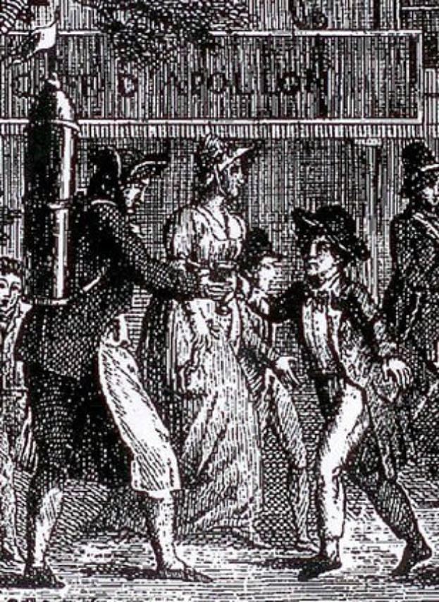 Schwarz-weiß-Zeichnung einer Gruppe verängstigter Menschen, die eine Straße entlanglaufen, weg von einem Gebäude, mit dem Text "Victorian riots in London" unten.