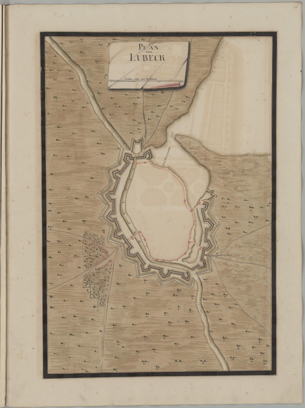 A detailed map of the city of Lübeck printed on the cover of an old book, showing streets, buildings, and landmarks with accompanying text about the city's population, history, and culture.